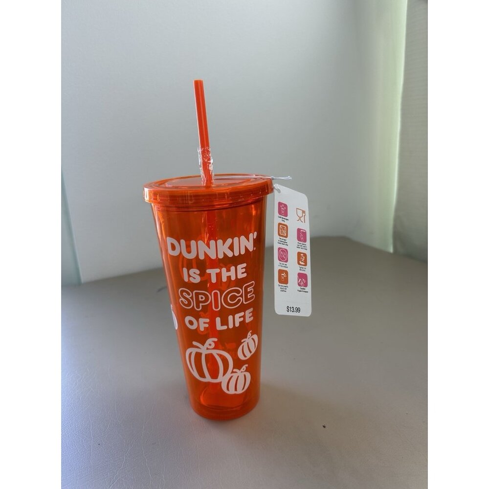 Dunkin Donuts Glow In The Dark Tumbler Cup Straw 24oz Orange Pumpkin Spice NWT - Picture 11 of 12